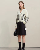 Dropped-Shoulder V-Neck Striped Cardigan Sweater