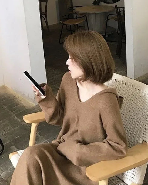 Wool Hooded Straight Sweater Dress