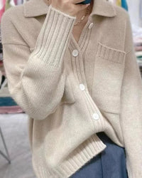 100% pure wool lapel pocket solid thick knit cardigan. Warm, medium stretch, and regular fit — a casual elegant autumn winter knitwear jacket for women.