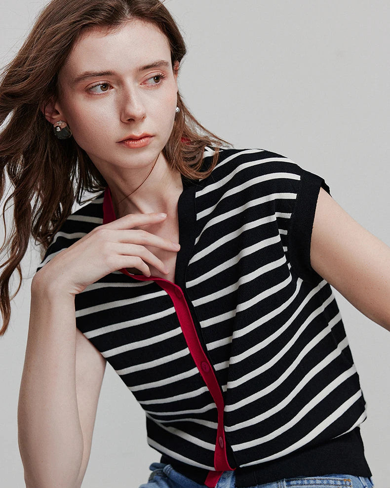 Striped Contrast V-Neck Knit Sleeveless Top