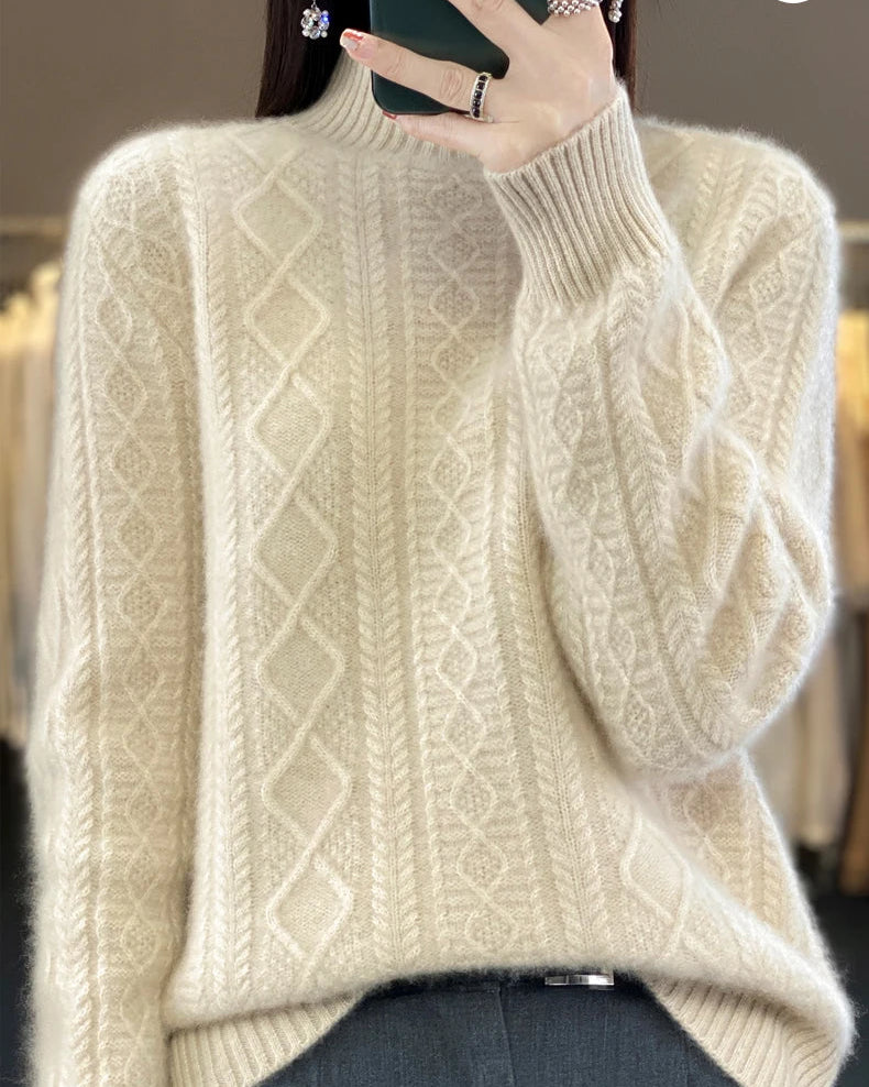 Diamond-Knit Wool Mock-Neck Sweater