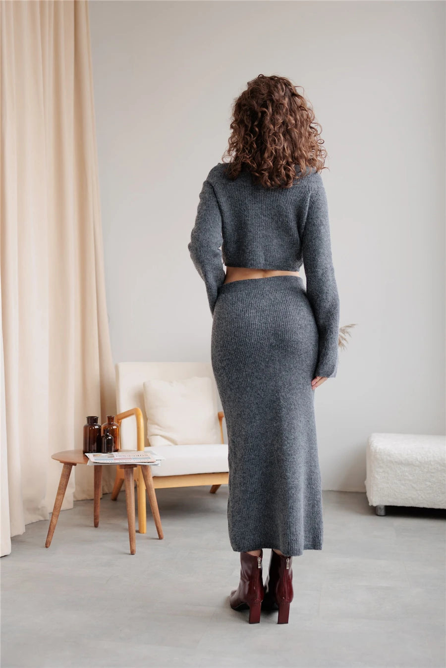 Slash Neck Sweater & Skinny Midi Dress Knitted TrackSuit