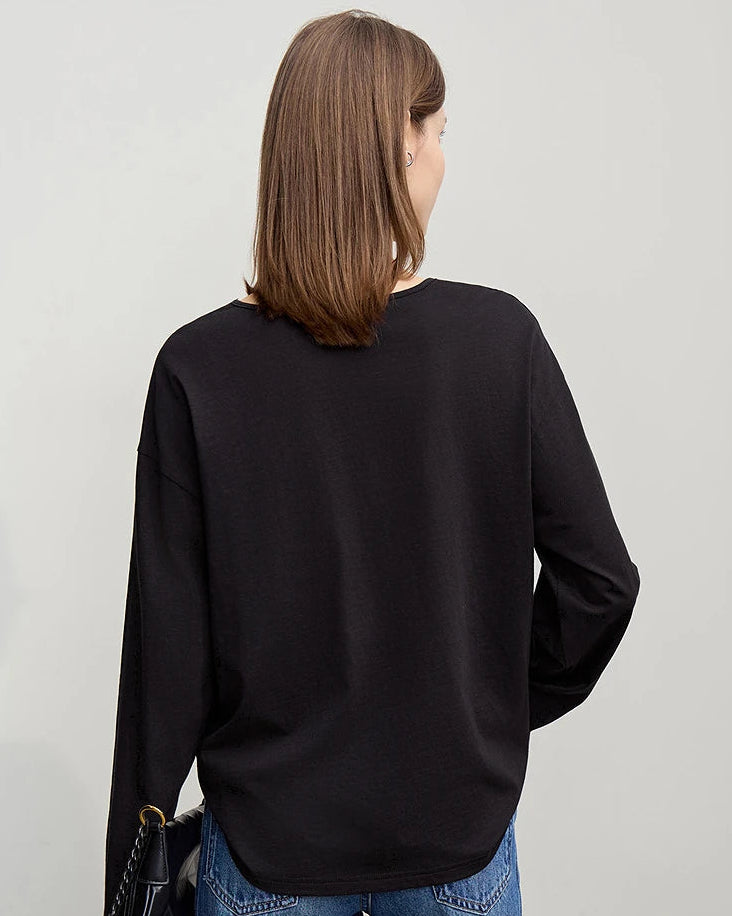 Long-Sleeved V-Neck Loose-Fitting Pullover T-Shirt