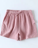 Women's Cotton Solid drawstring lounge shorts crafted for breathable comfort, featuring a relaxed silhouette and lightweight crepe fabric that moves seamlessly from dawn lounging to dusk unwinding.