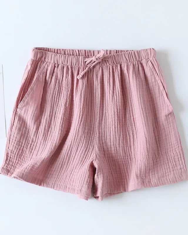 Women's Cotton Solid drawstring lounge shorts crafted for breathable comfort, featuring a relaxed silhouette and lightweight crepe fabric that moves seamlessly from dawn lounging to dusk unwinding.