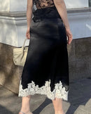 Satin And Lace-Paneled A-Line Midi Skirt