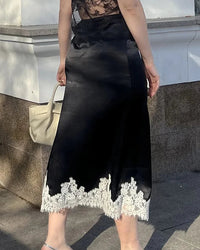 Satin And Lace-Paneled A-Line Midi Skirt