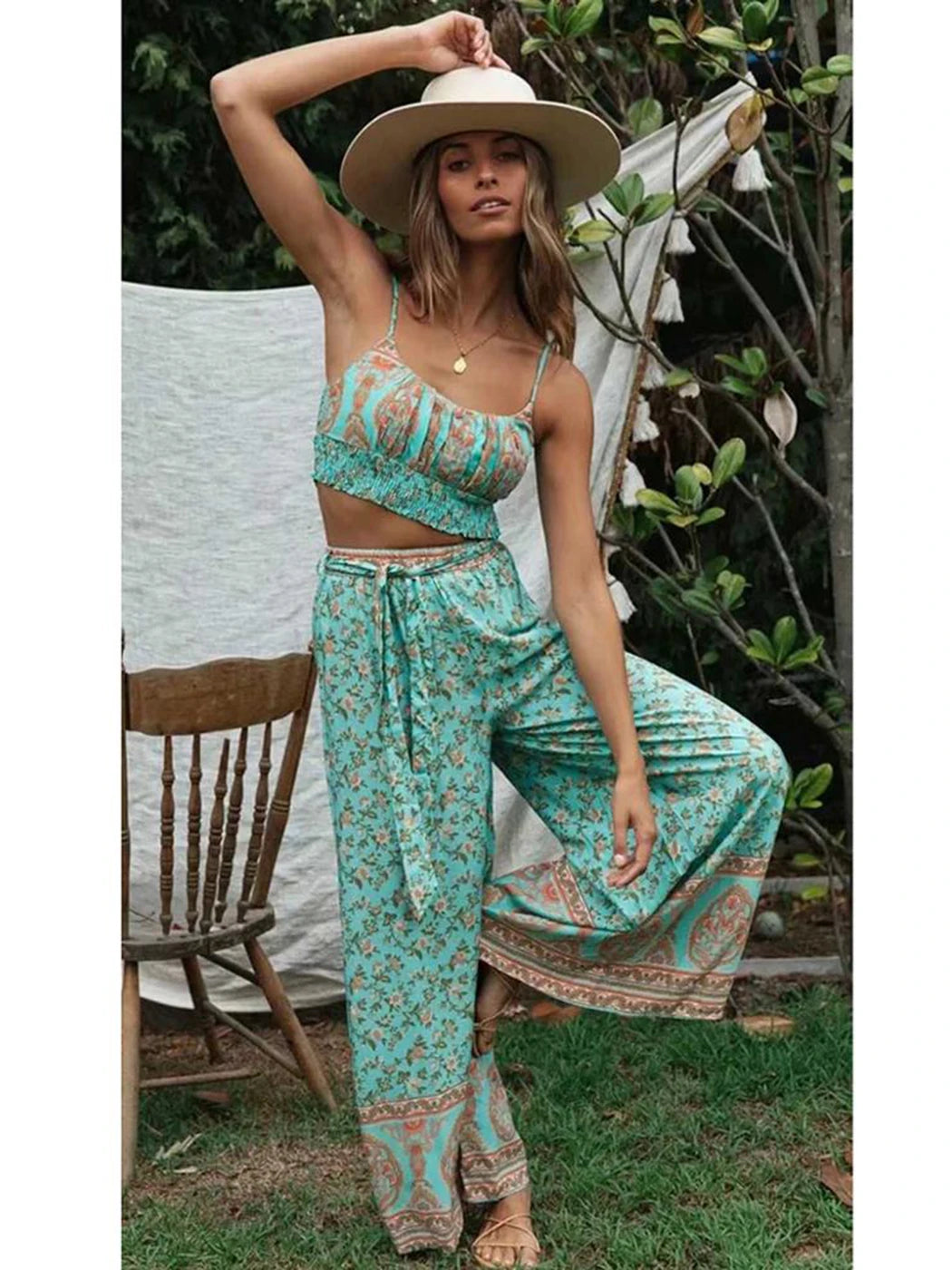 Boho Pattern Camisole & Wide Leg Pants Set