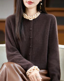 Merino Wool Solid Fringe Collar Button Knit Cardigan