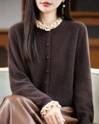 Merino Wool Solid Fringe Collar Button Knit Cardigan