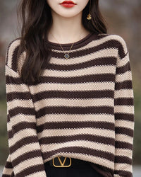 Cotton O-Neck Curled Colourful Stripe Loose Pullover Sweater