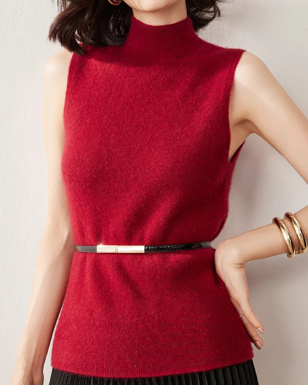 Cashmere Knitted Sleeveless Mock Neck Sweater