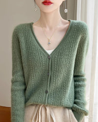Wool V-Neck Curled Twisted Hollow-Out Open Cardigan