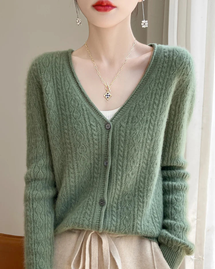 Wool V-Neck Curled Twisted Hollow-Out Open Cardigan