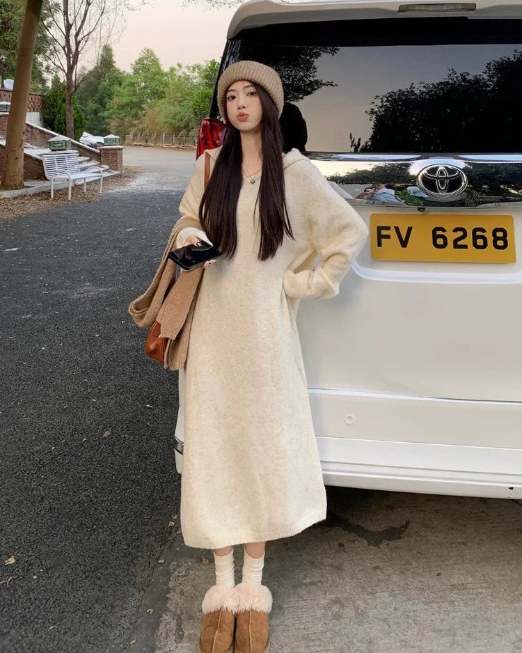 Wool V-Neck Relaxed Knit Dress