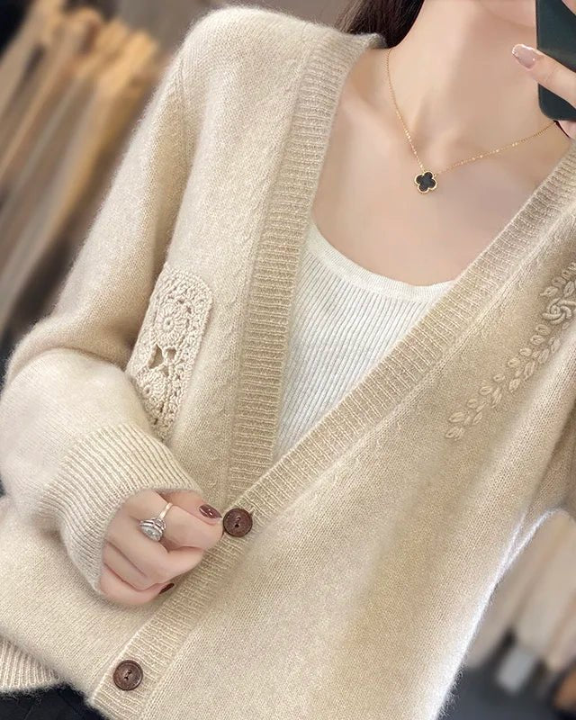 Crochet Merino Wool V-neck Cardigan