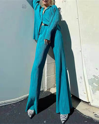 Turn-Down Collar Draped Shirt & High Waist Wide-Leg Trouser 2-Piece Set
