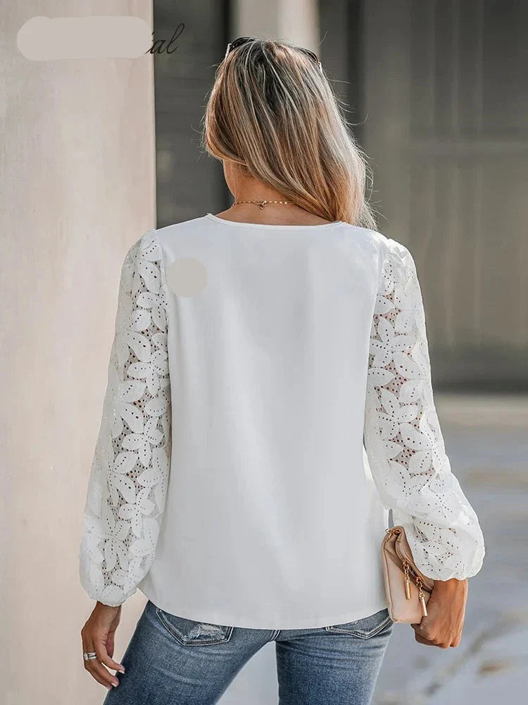 Floral Lace V-Neck Long Sleeve Blouse