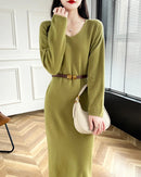 Wool V-Neck Long Sweater Dress