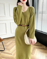 Wool V-Neck Long Sweater Dress
