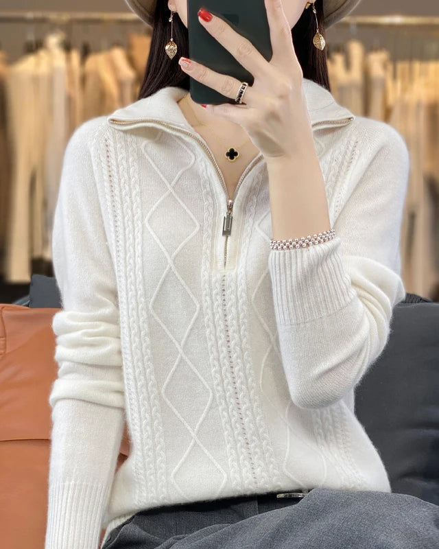 Wool Turtleneck Twisted Stripe Half-Zip Loose Pullover Sweater