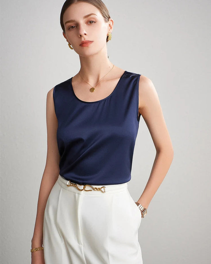 Crew-Neck Sleeveless Silk Top