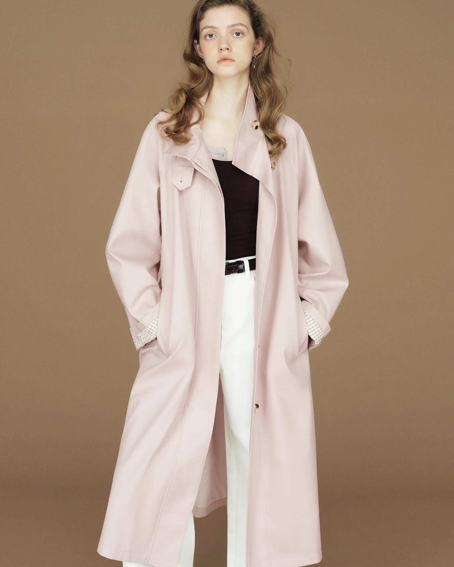 Contrast-Cuff Stand-Collar Long Trench Coat