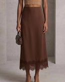 Satin Lace Trim A-Line Maxi Skirt