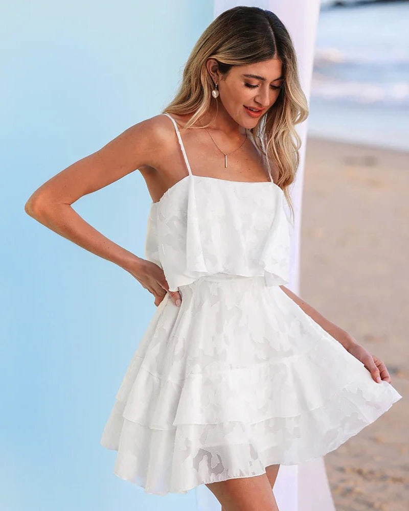 White Floral Jacquard Ruffled Mini Dress