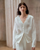 Loose V-Neck Button-Down Long-Sleeved Shirt