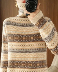 100% wool colour block turtleneck loose knit pullover. Warm, heavyweight, and medium stretch — an elegant office lady autumn winter knitwear top for women.