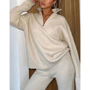Zipper Long Sleeve Sweaters Straight Pants Knitted Suit