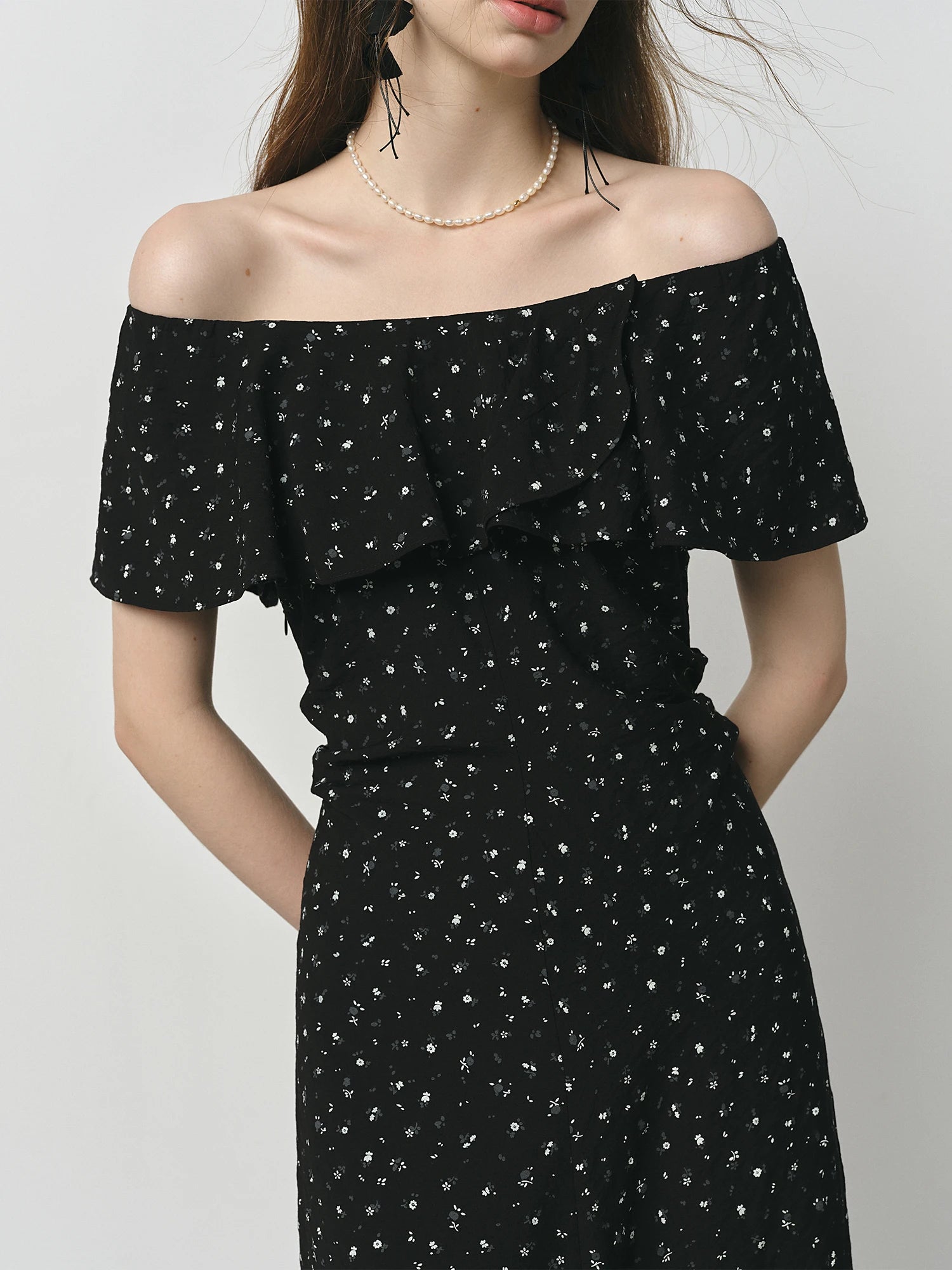 Charmeuse Ruffled  Off Shoulder Skirt Dress