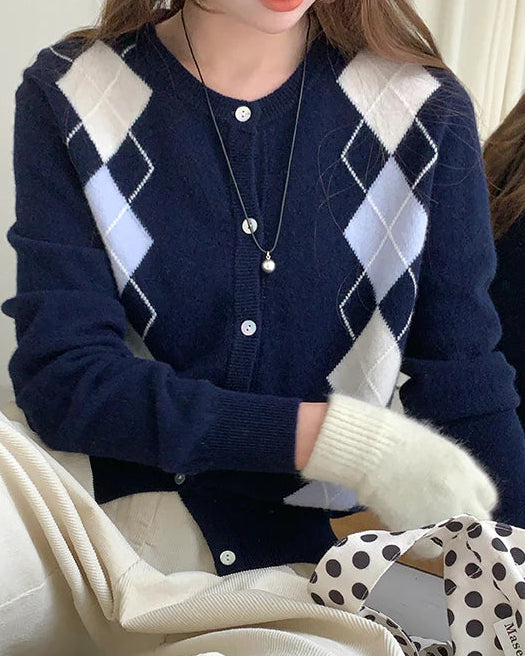Argyle Wool Knit Cropped Cardigan