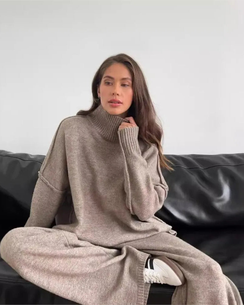 Turtleneck Slit Knit Top & Ankle Trouser Set