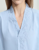 Chiffon Embroidered V-Neck Lantern Sleeve Blouse