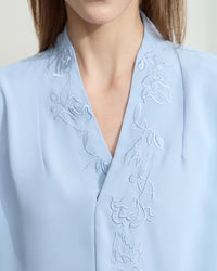 Chiffon Embroidered V-Neck Lantern Sleeve Blouse