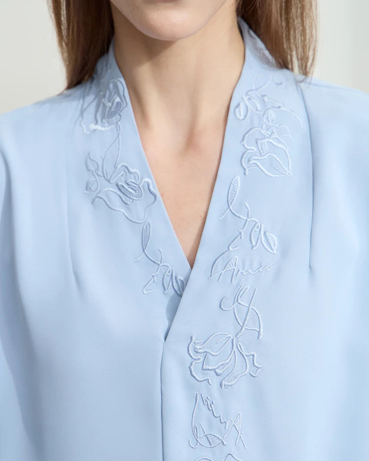 Chiffon Embroidered V-Neck Lantern Sleeve Blouse