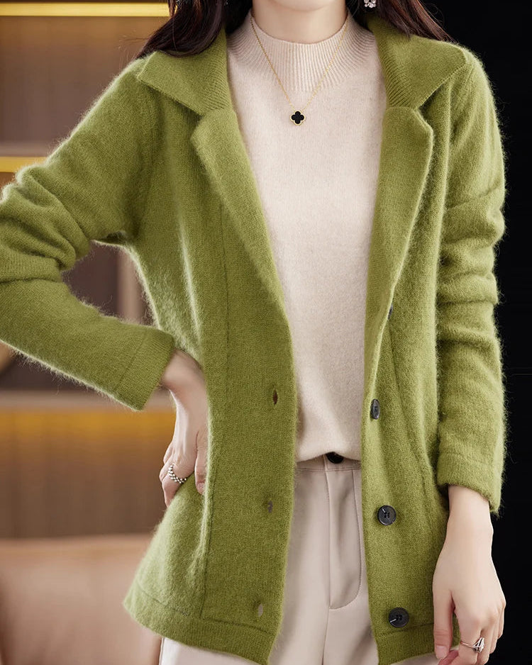 Mink Cashmere Tailored-Collar Knit Cardigan