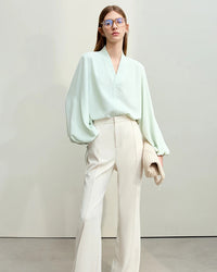 Chiffon Embroidered V-Neck Lantern Sleeve Blouse