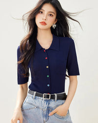 Slim-fit polo collar knit cardigan top. Lightweight, polished, and perfect for spring-summer layering.