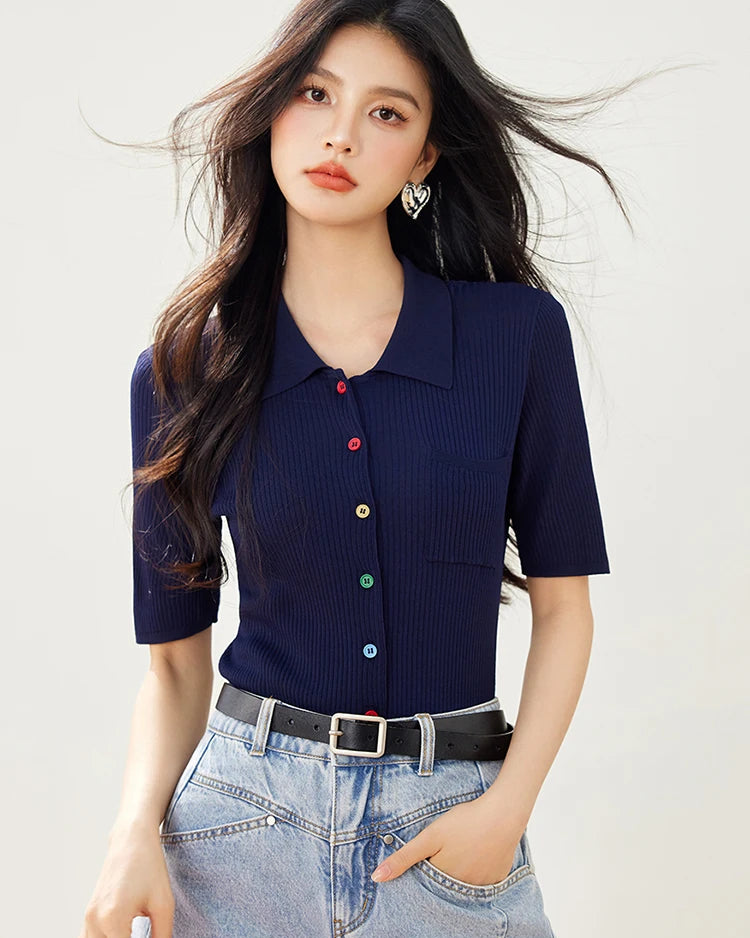 Slim-fit polo collar knit cardigan top. Lightweight, polished, and perfect for spring-summer layering.