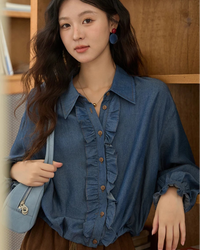 Ruffled Placket Denim Shirt