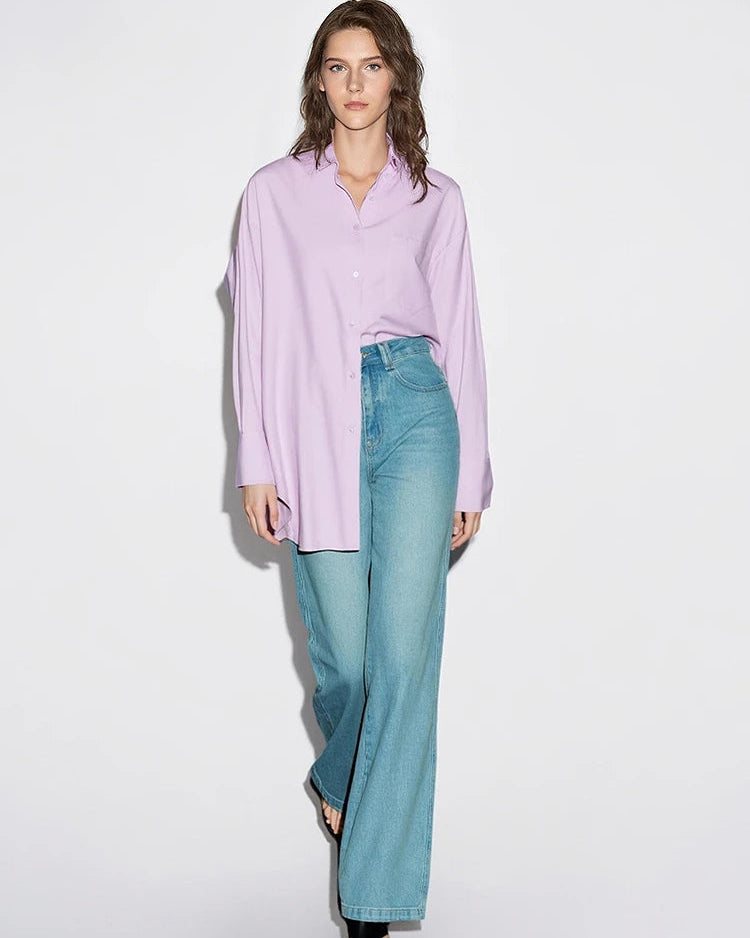 Simple Commuter Lapel Drop Shoulder Sleeve Shirt