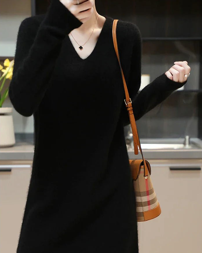 V-Neck Merino Wool Knitted Dress GentleHerd