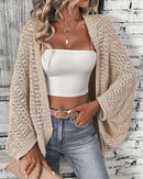 Solid hollow-out batwing sleeve open-front loose knit cardigan. Lightweight, medium stretch, and relaxed — a casual all-season layering sweater for women.