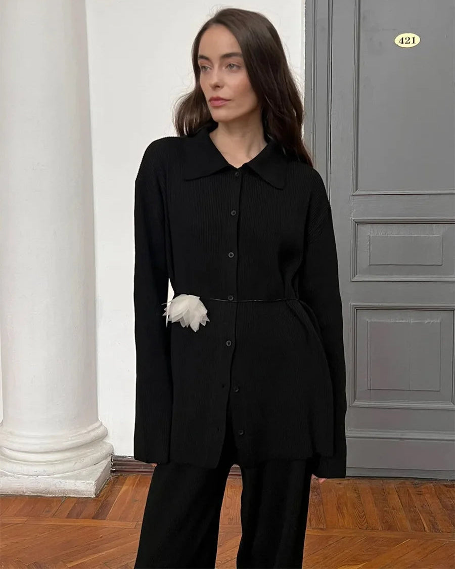Loose Knit Cardigan & Elastic Waist Trousers Set