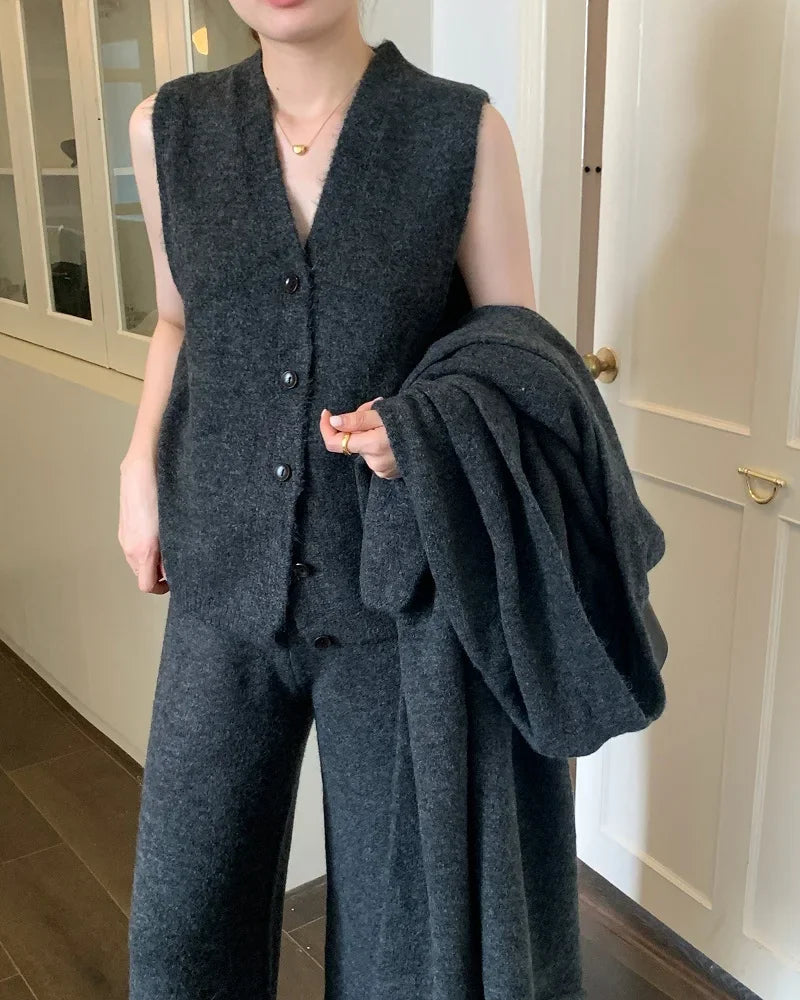 V-Neck Knit Coat + Vest + Wide-Leg Trouser 3-Piece Set