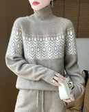 Merino Wool Jacquard Turtleneck Loose Knit Pullover