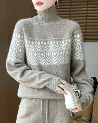 Merino Wool Jacquard Turtleneck Loose Knit Pullover